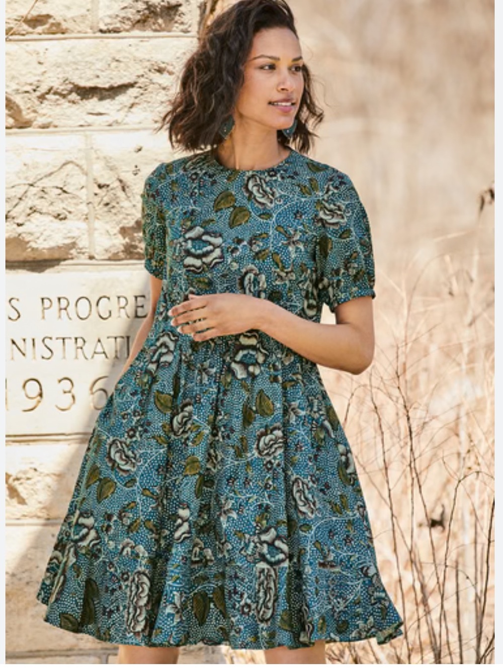 Peruvian Connection Calico Rose Dress Womens Small Floral Fit Flare Indigo Teal